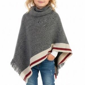 ROOTS KIDS Cabin Poncho Grey Oat Mix Red Cream Strip Hem Fringe Shrug Shawl